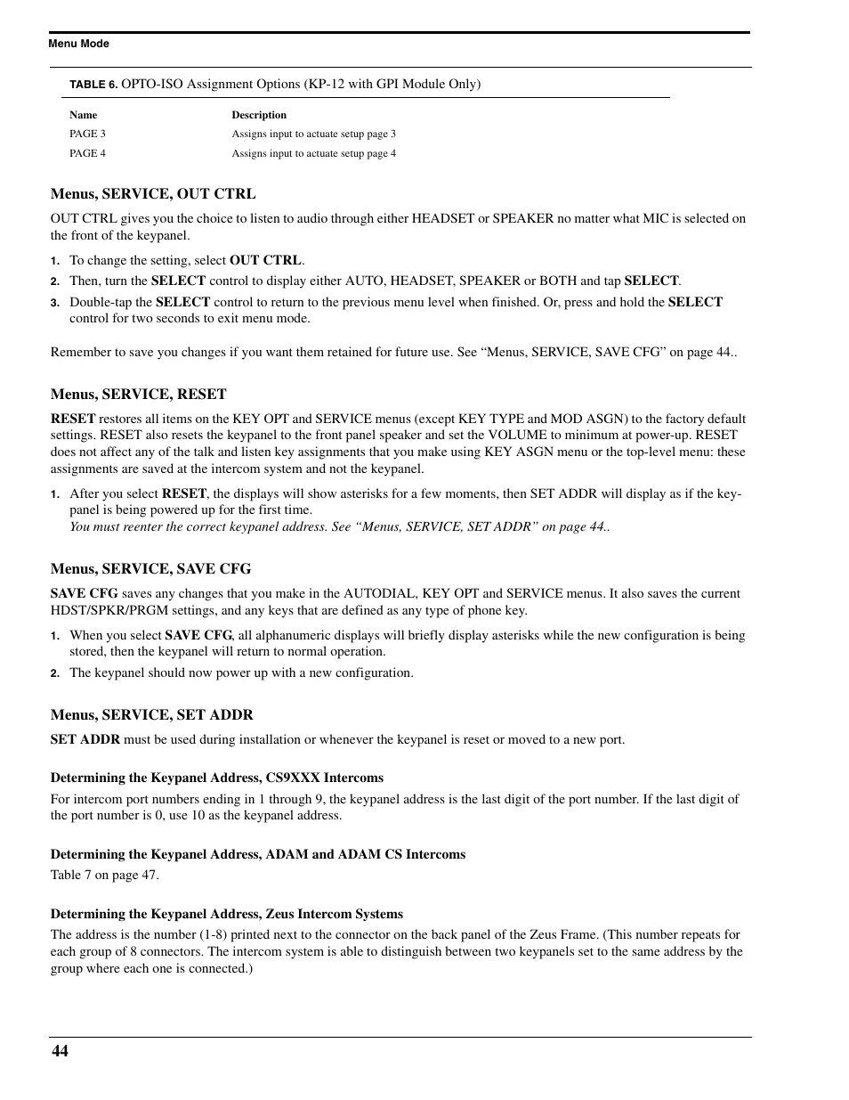 Menus, service, out ctrl, Menus, service, reset, Menus, service, save cfg | Menus, service, set addr, Determining the keypanel address, cs9xxx intercoms | RTS Digital Matrix s Keypanels DKP-8 User Manual | Page 50 / 60