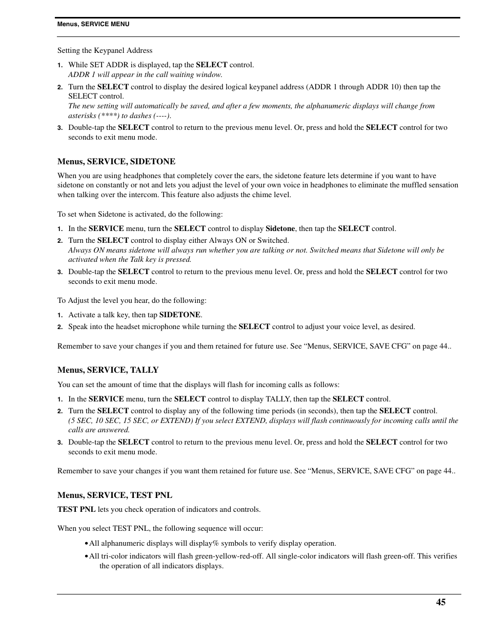 Menus, service, sidetone, Menus, service, tally, Menus, service, test pnl | RTS Digital Matrix s Keypanels DKP-8 User Manual | Page 51 / 60