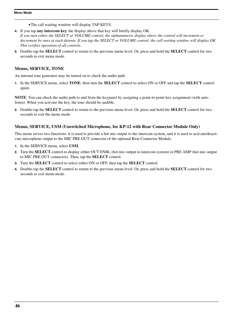 Menus, service, tone | RTS Digital Matrix s Keypanels DKP-8 User Manual | Page 52 / 60