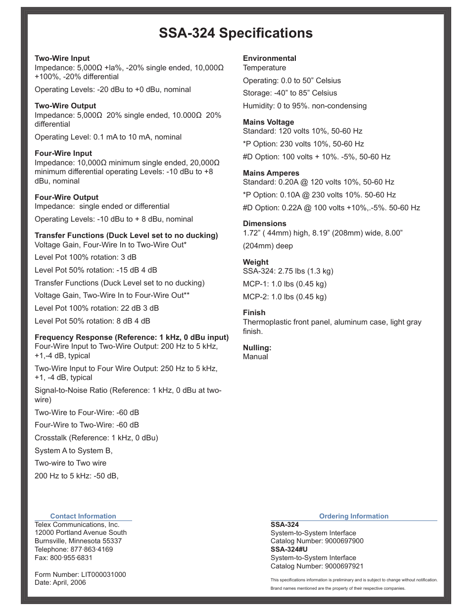 Ssa-324 specifications | RTS SSA-324 User Manual | Page 2 / 2