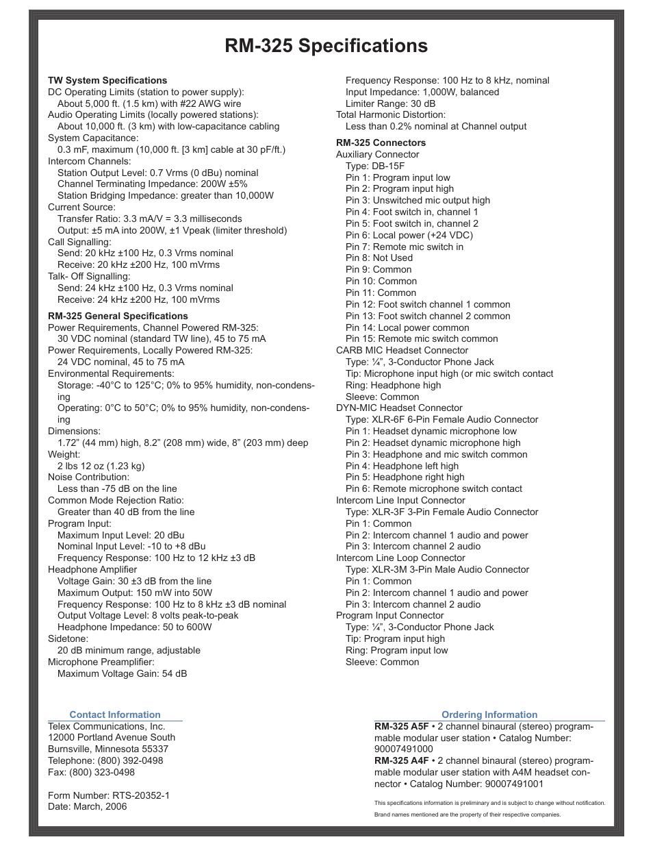 Rm-325 specifications | RTS Two-Wire Intercom RM-325 User Manual | Page 2 / 2