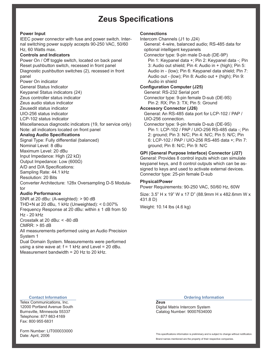 Zeus specifications | RTS Zeus Digital Matrix Intercom System User Manual | Page 2 / 2