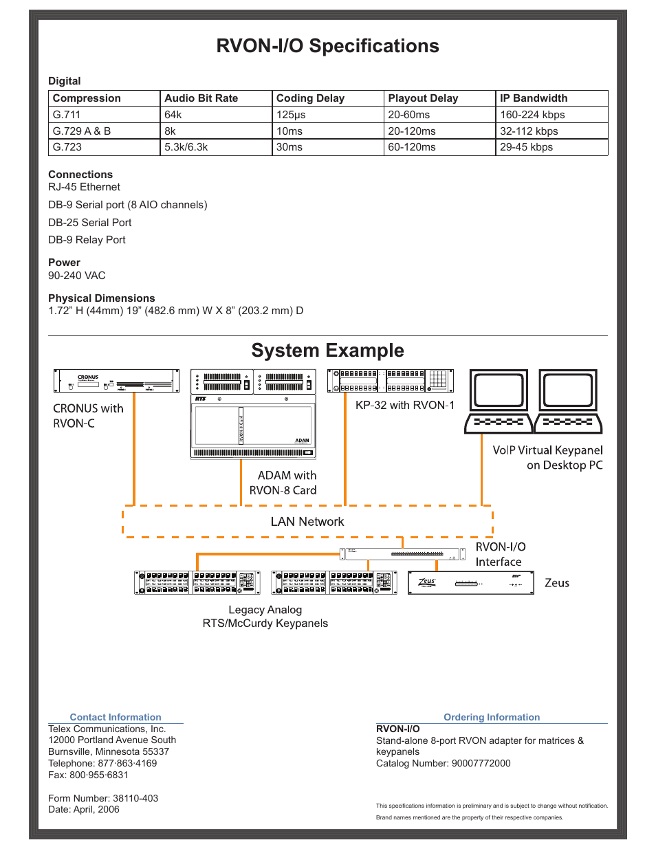 Rvon-i/o specifications, System example | RTS RVON-I/O User Manual | Page 2 / 2