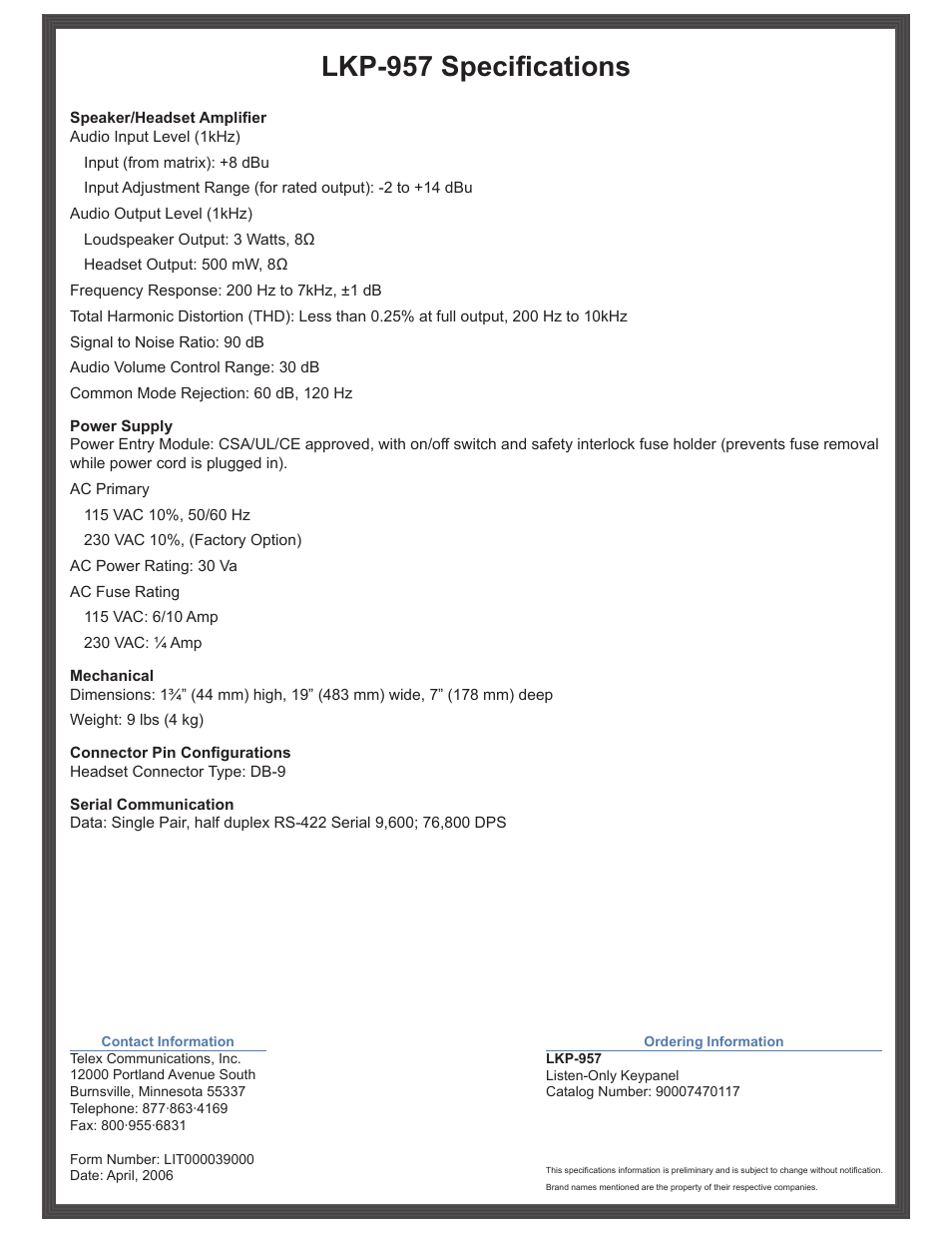 Lkp-957 specifications | RTS Digital Matrix Intercom LKP-957 User Manual | Page 2 / 2