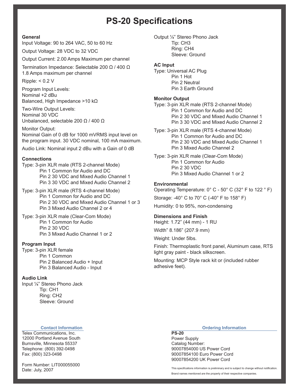 Ps-20 specifications | RTS PS-20 User Manual | Page 2 / 2
