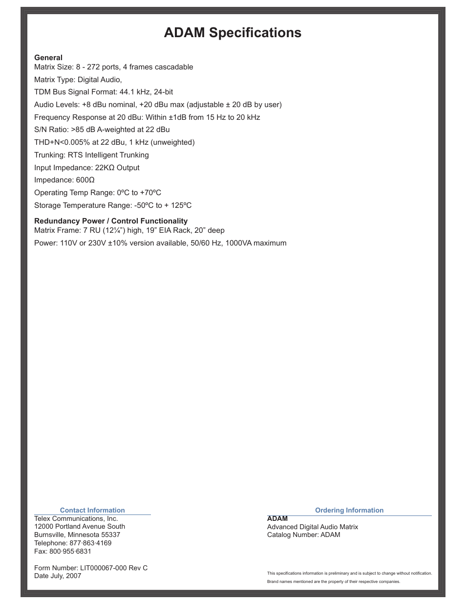 Adam specifications | RTS Digital Audio Matrix User Manual | Page 2 / 2