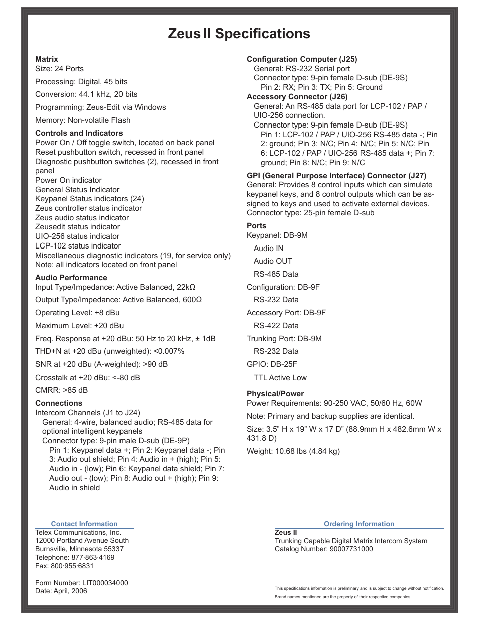 Zeus, Ii specifications | RTS Trunking Digital Matrix Intercom System Zeus II User Manual | Page 2 / 2