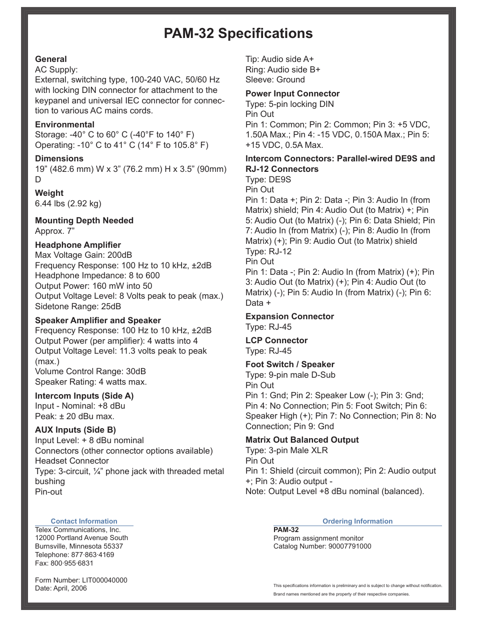 Pam-32 specifications | RTS Digital Matrix Intercom PAM-32 User Manual | Page 2 / 2