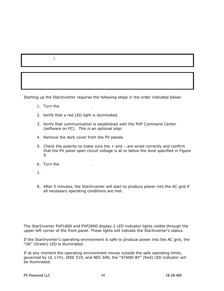 0 operation, 1start up procedures for the starinverter, 2led indicator lights/vacuum fluorescent display | Tart, Rocedures for the, Nverter, 2 led i, Ndicator, Ights, Acuum | Revolutionary Cooling Systems PVP2800 User Manual | Page 15 / 28
