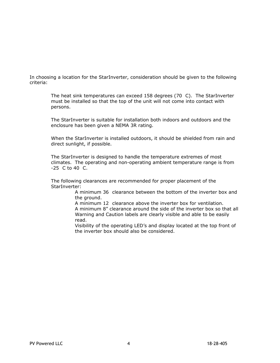 0 installation, 1 selecting a location for the starinverter, Electing a | Ocation for the, Nverter | Revolutionary Cooling Systems PVP2800 User Manual | Page 5 / 28