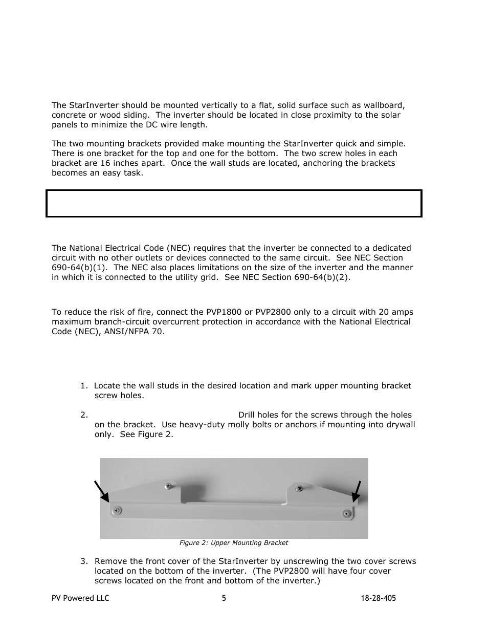 2 mounting the starinverter, A steps to mount the starinverter, Figure 2: upper mounting bracket | Ounting the, Nverter, Warning, Caution | Revolutionary Cooling Systems PVP2800 User Manual | Page 6 / 28