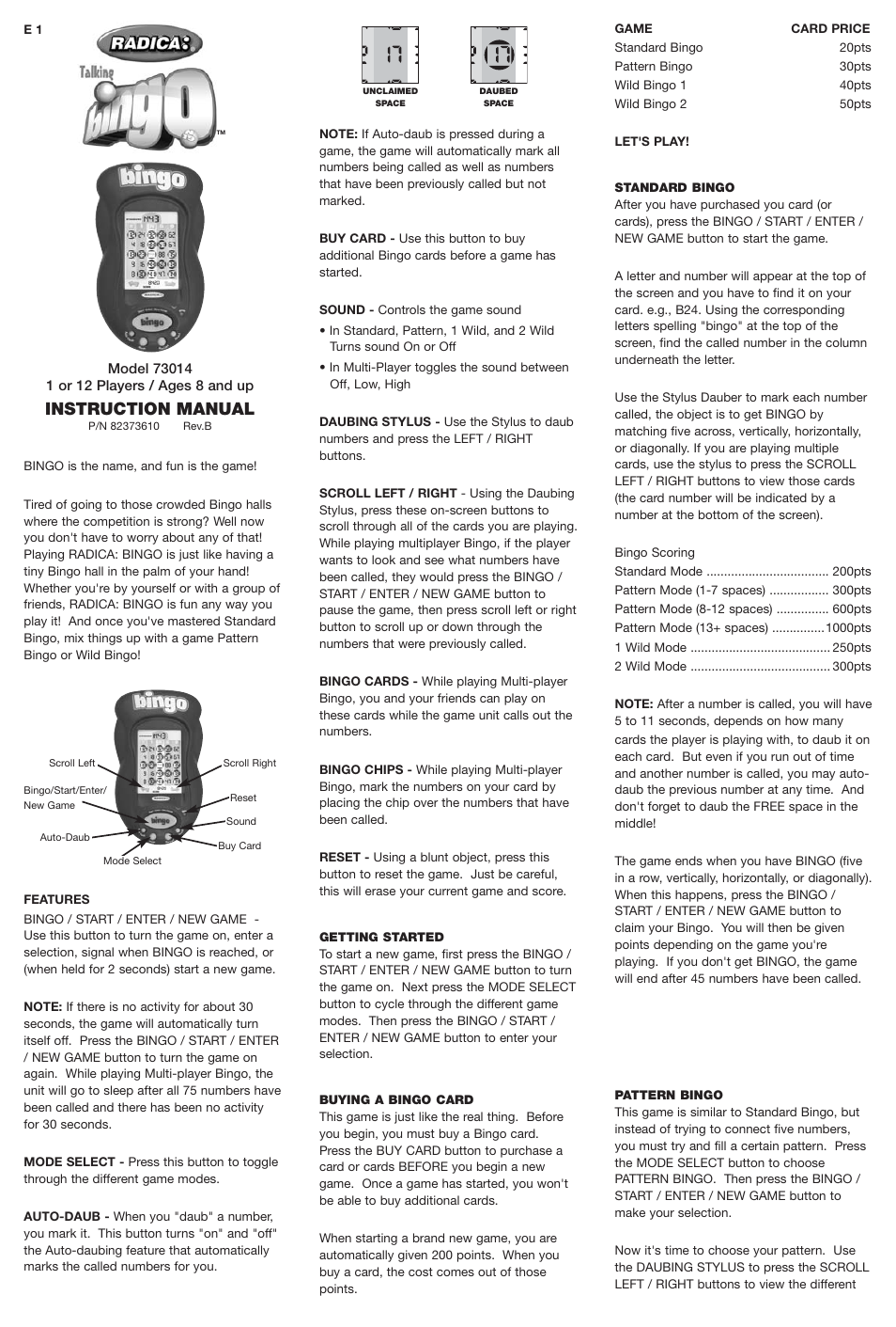 Radica Games Talking Bingo 73014 User Manual | 2 pages