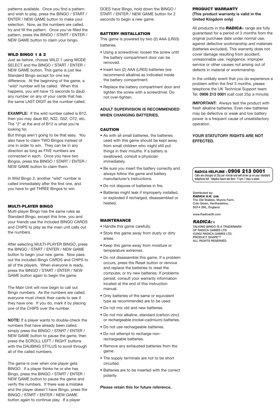 Radica Games Talking Bingo 73014 User Manual | Page 2 / 2