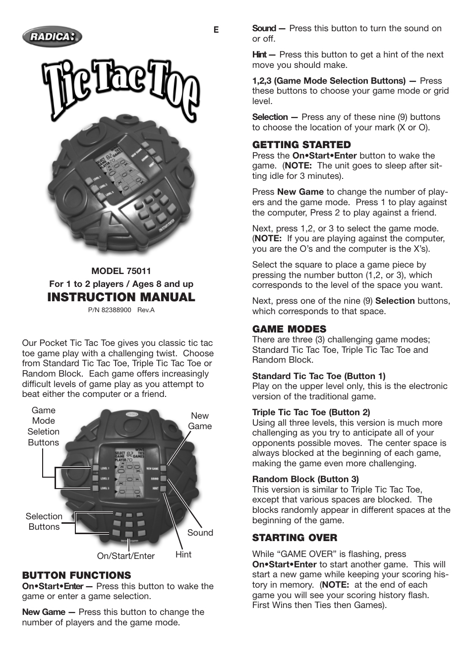 Radica Games TIC TAC TOE 75011 User Manual | 2 pages