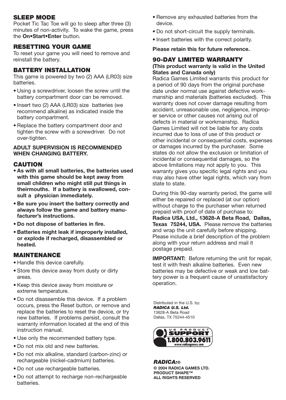 Radica Games TIC TAC TOE 75011 User Manual | Page 2 / 2