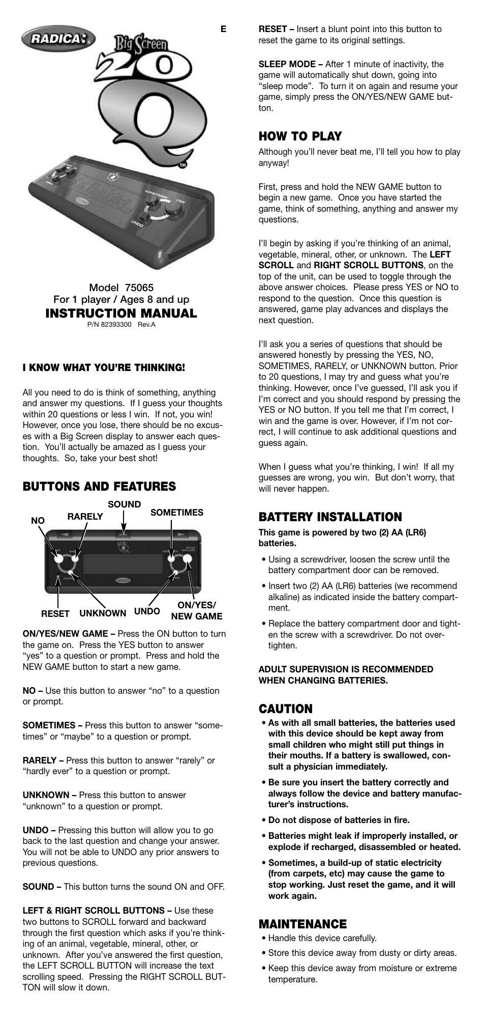 Radica Games 75065 User Manual | 2 pages