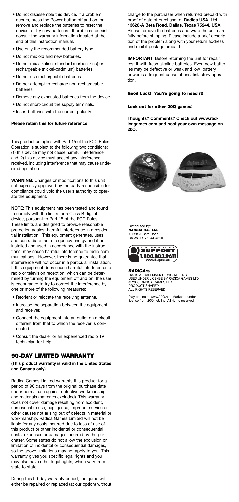 Day limited warranty | Radica Games 75065 User Manual | Page 2 / 2