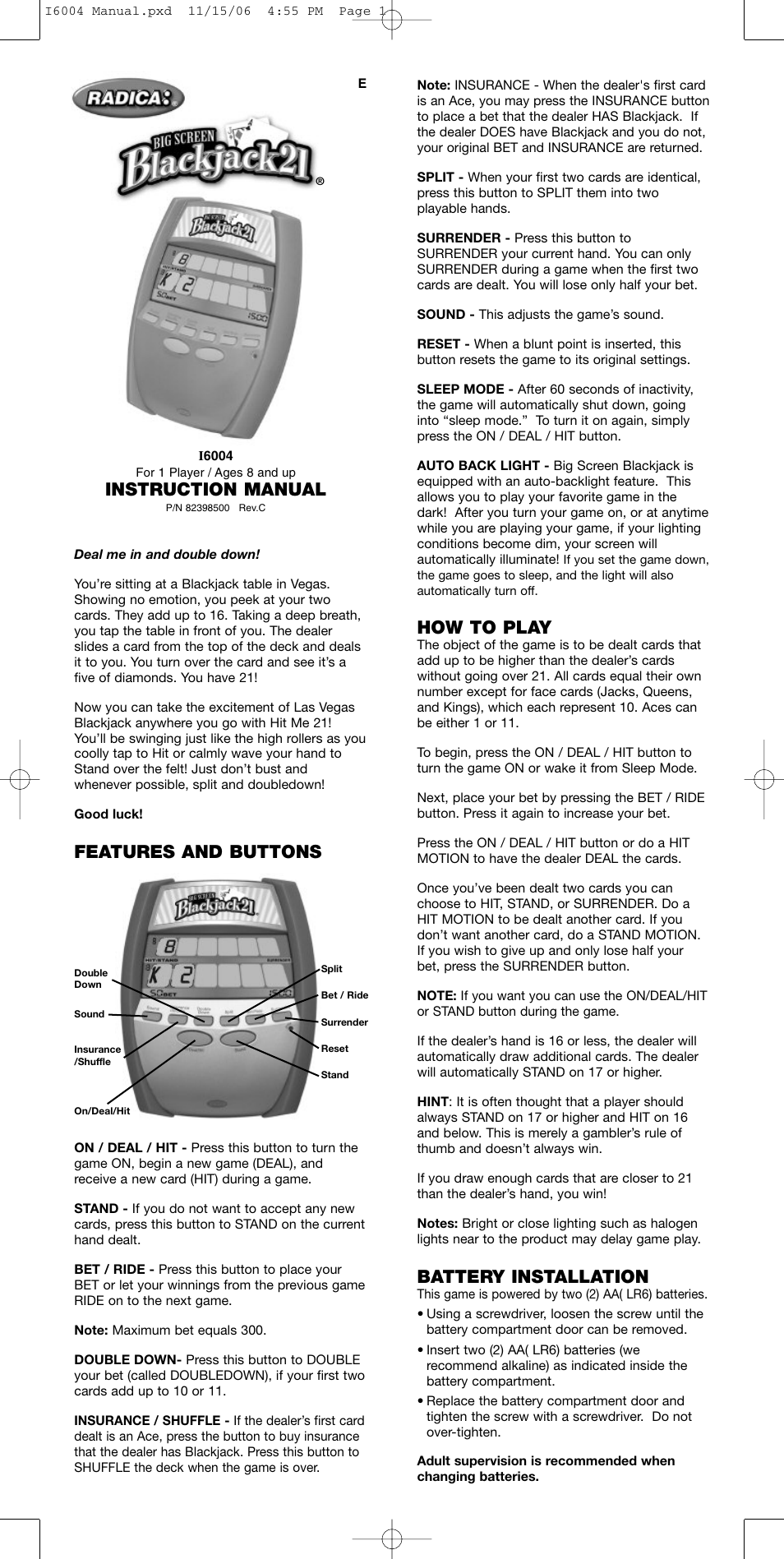 Radica Games Blackjack I6004 User Manual | 2 pages