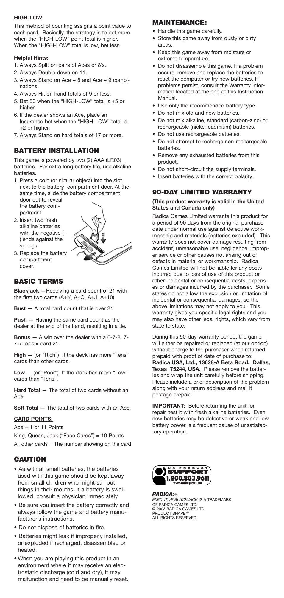 Battery installation, Basic terms, Caution | Maintenance, Day limited warranty | Radica Games 73049 User Manual | Page 2 / 2