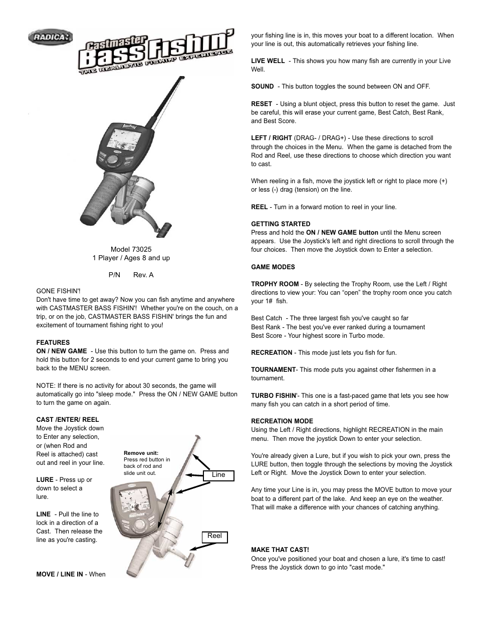 Radica Games CASTMASTER BASS FISHIN' 73025 User Manual | 3 pages