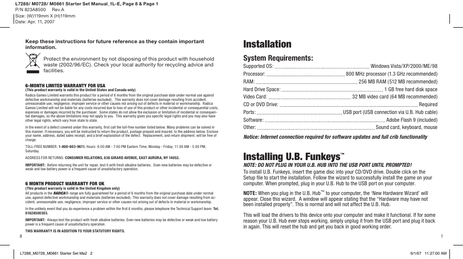 Installation, Installing u.b. funkeys, System requirements | Radica Games 75015 User Manual | Page 3 / 6