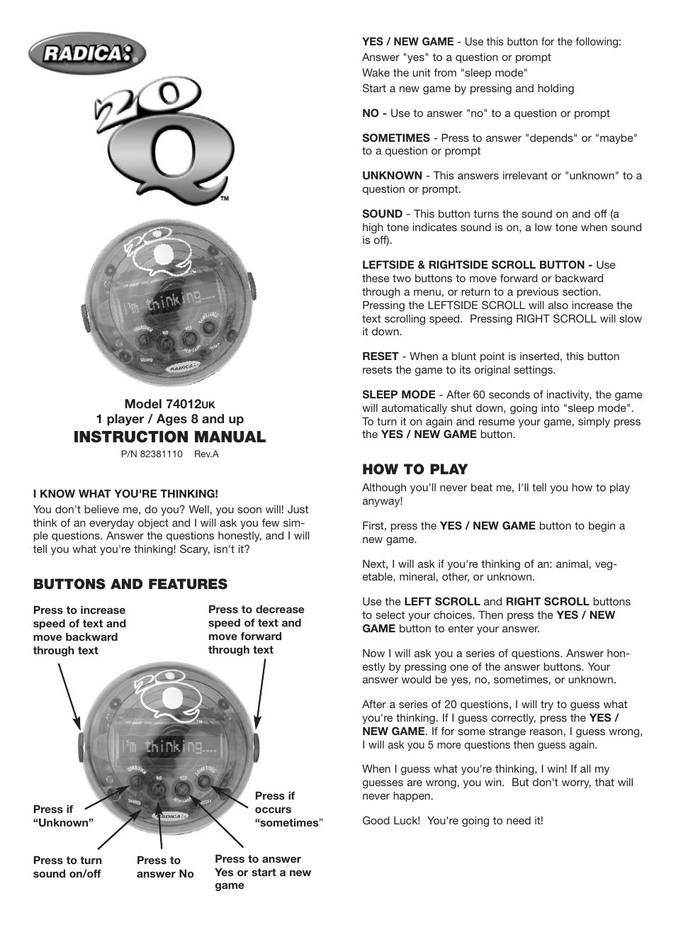 Radica Games 20Q User Manual | 2 pages