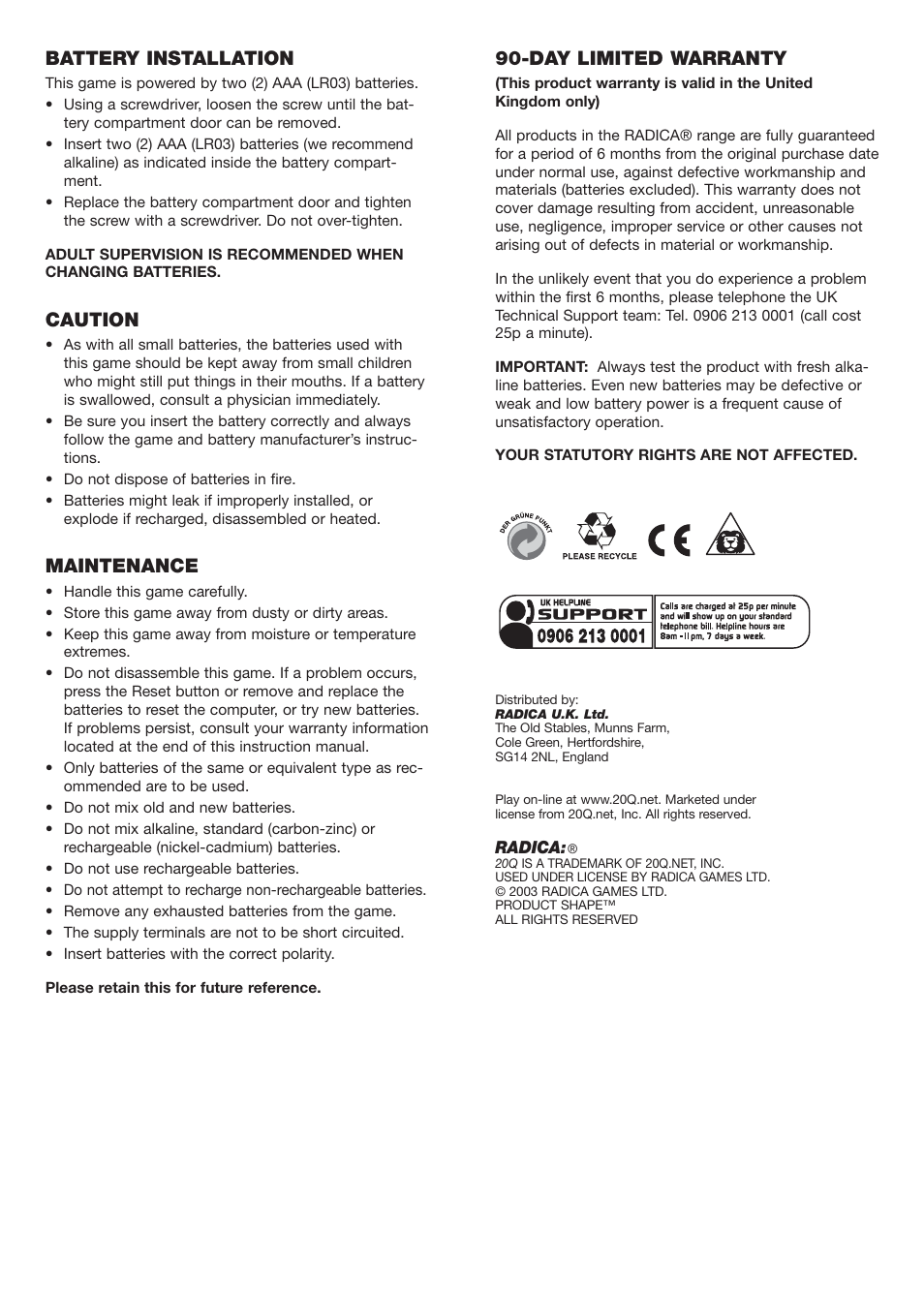 Battery installation, Caution, Maintenance | Day limited warranty | Radica Games 20Q User Manual | Page 2 / 2