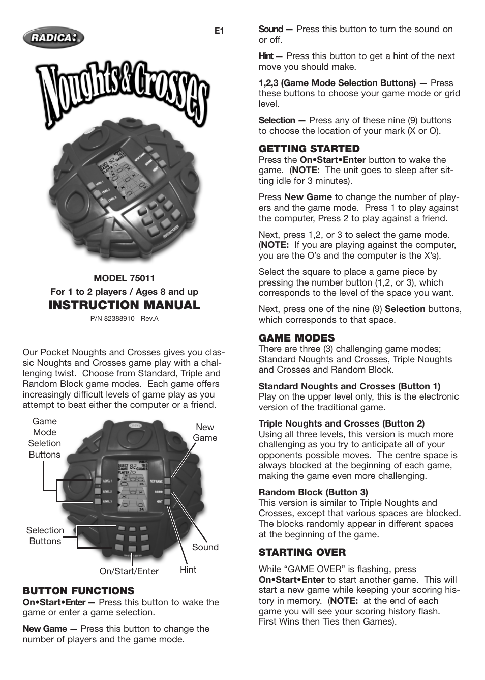 Radica Games Noughts & Crosses 75011 User Manual | 2 pages