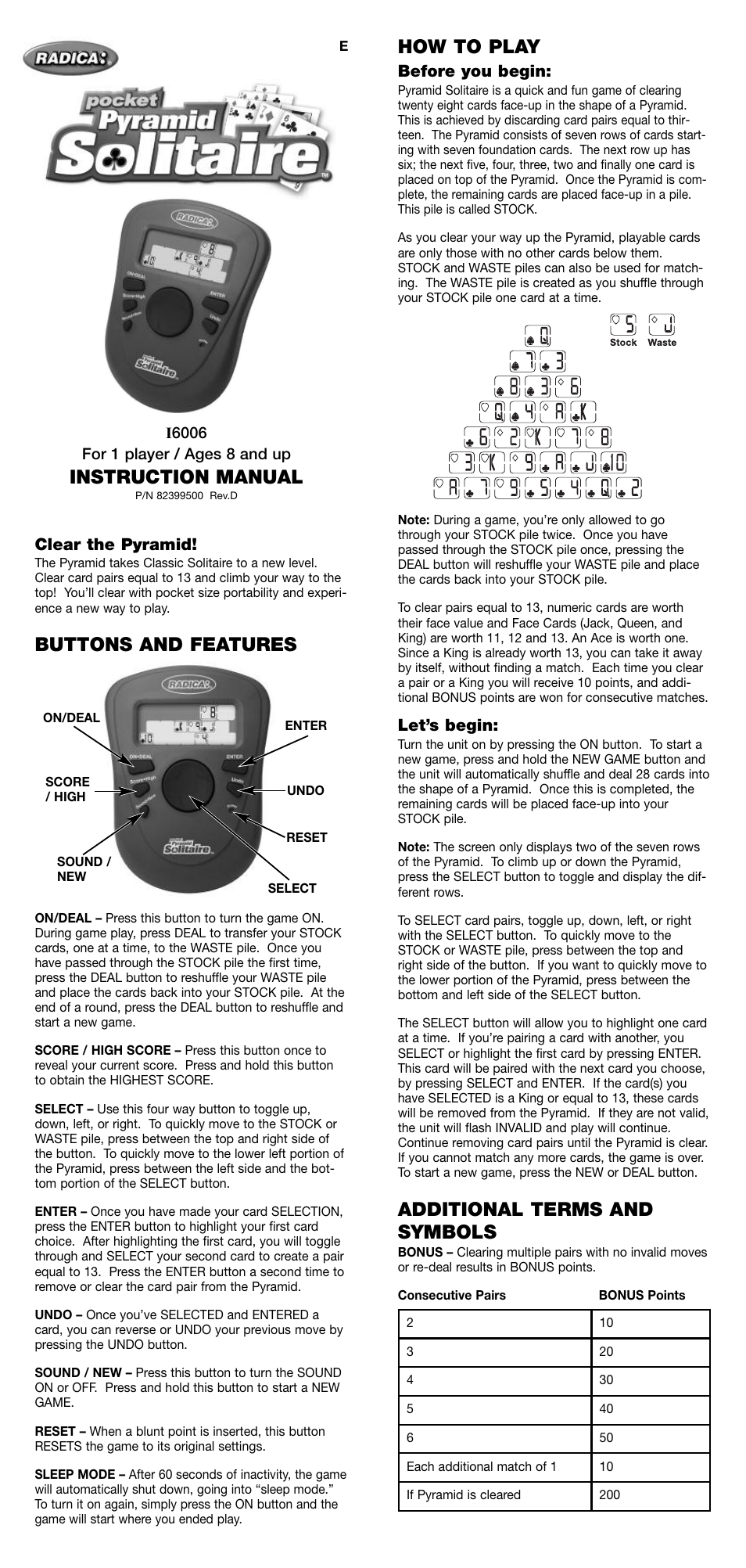 Radica Games Pocket Pyramid Solitaire i6006 User Manual | 2 pages