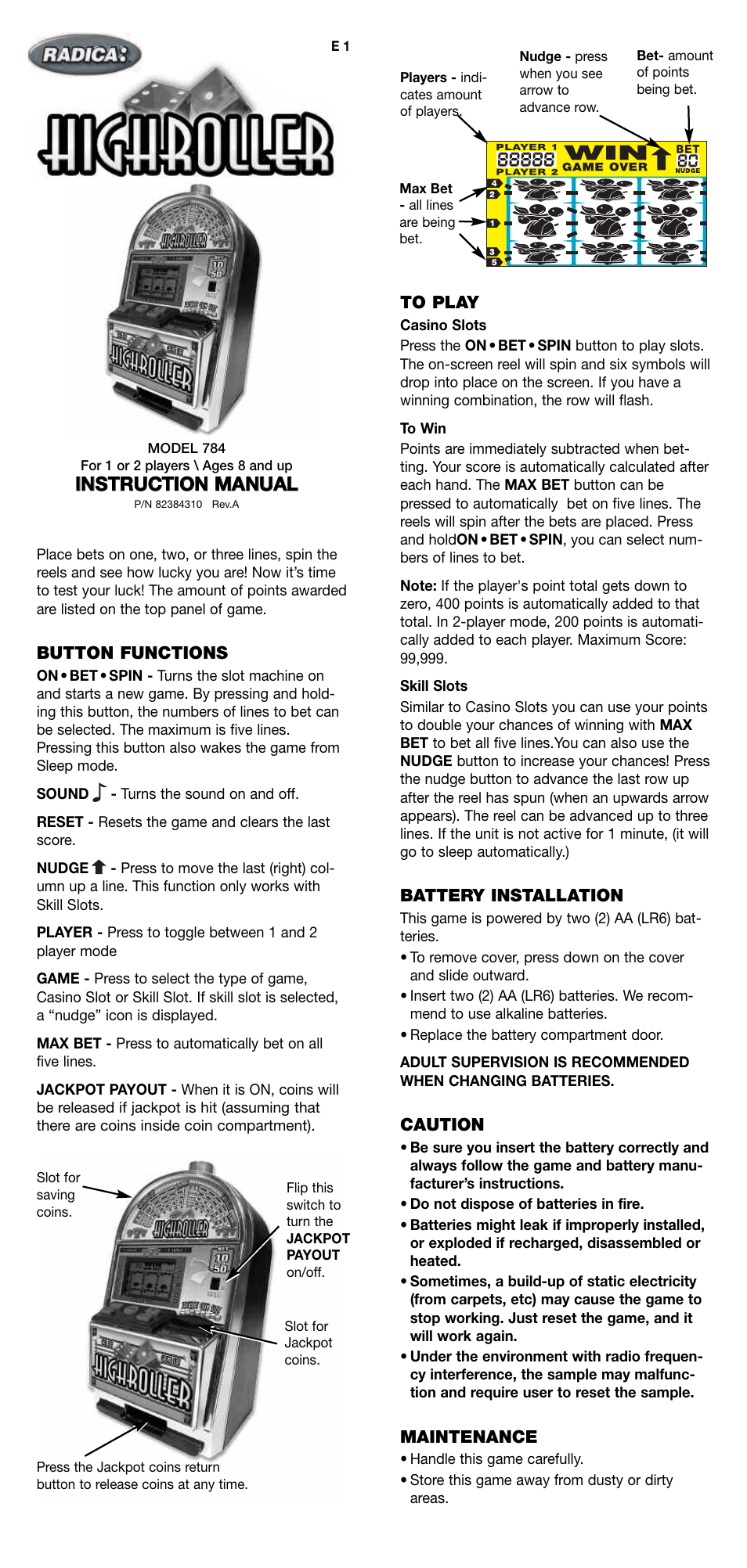 Radica Games 784 User Manual | 2 pages