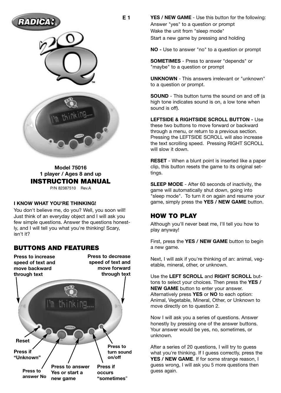 Radica Games 20Q 75016 User Manual | 2 pages