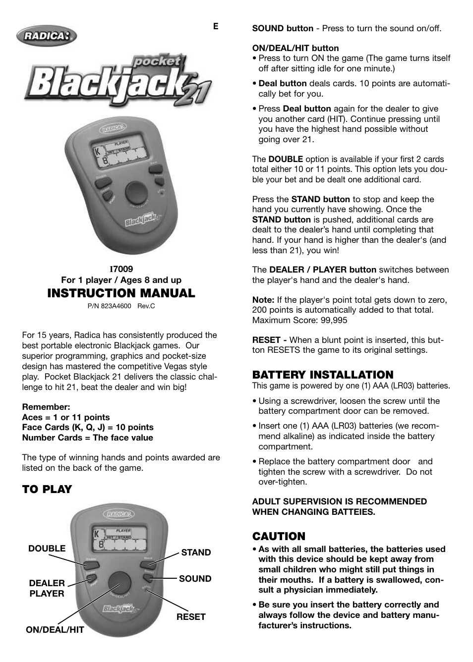 Radica Games Pocket Blackjack21 17009 User Manual | 2 pages