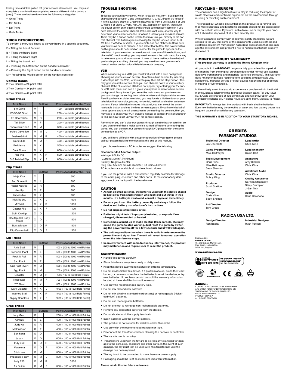 Credits farsight studios, Radica usa ltd | Radica Games Skateboarder 76017 User Manual | Page 2 / 2