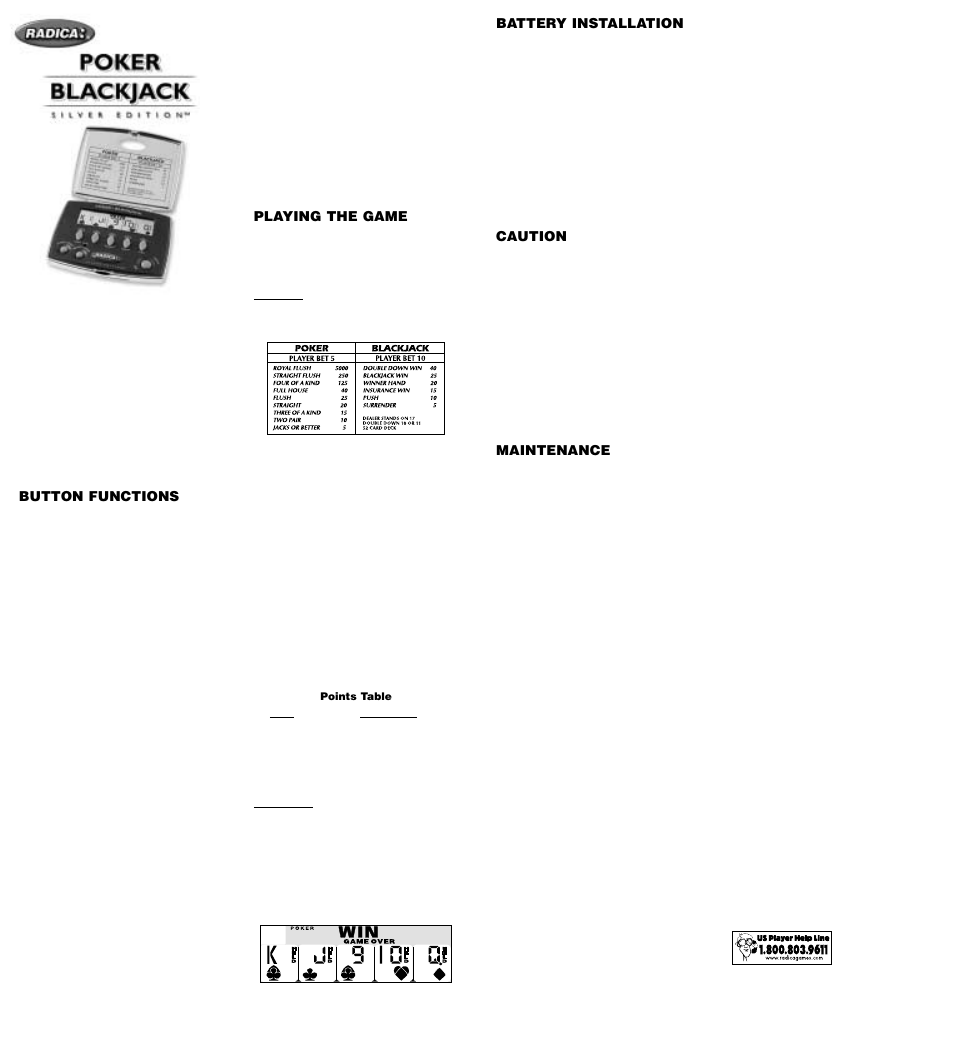 Radica Games POKER/BLACKJACK SILVER EDITION 71054 User Manual | 1 page