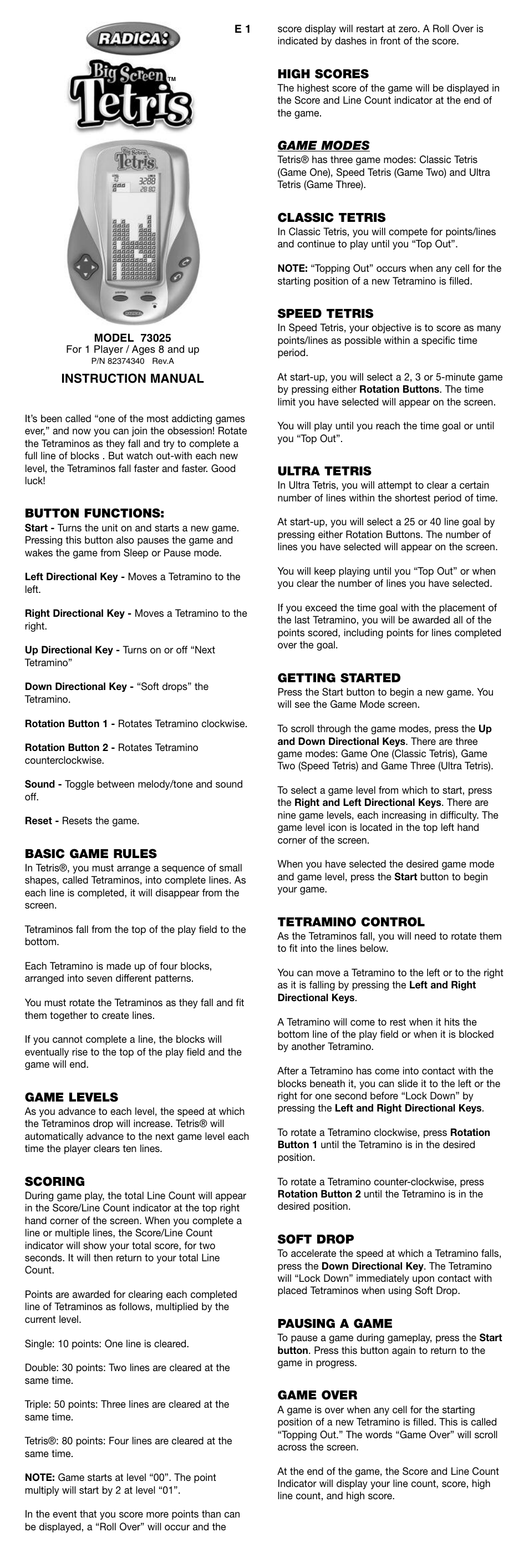 Radica Games 73025 User Manual | 2 pages