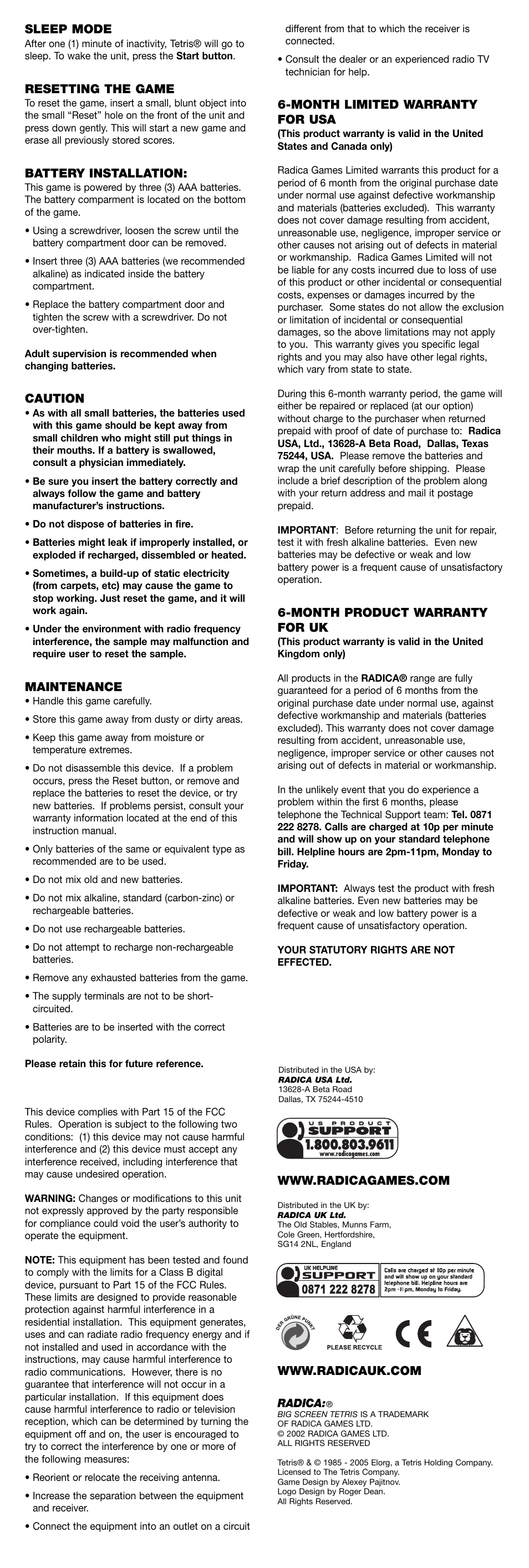 Sleep mode, Resetting the game, Battery installation | Caution, Maintenance, Month limited warranty for usa, Month product warranty for uk | Radica Games 73025 User Manual | Page 2 / 2