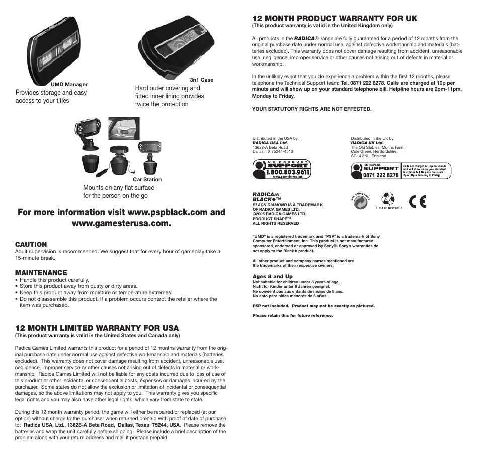 12 month limited warranty for usa, 12 month product warranty for uk | Radica Games 76120 User Manual | Page 2 / 2