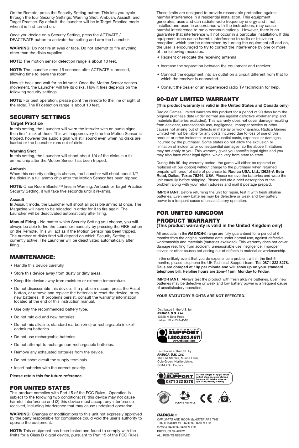 Security settings, Maintenance, For united states | Day limited warranty, For united kingdom product warranty | Radica Games Off Limits Room Blaster 74051 User Manual | Page 2 / 2