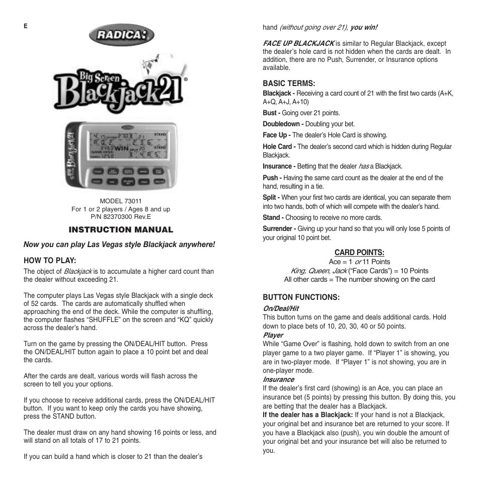 Radica Games 73011 User Manual | 2 pages