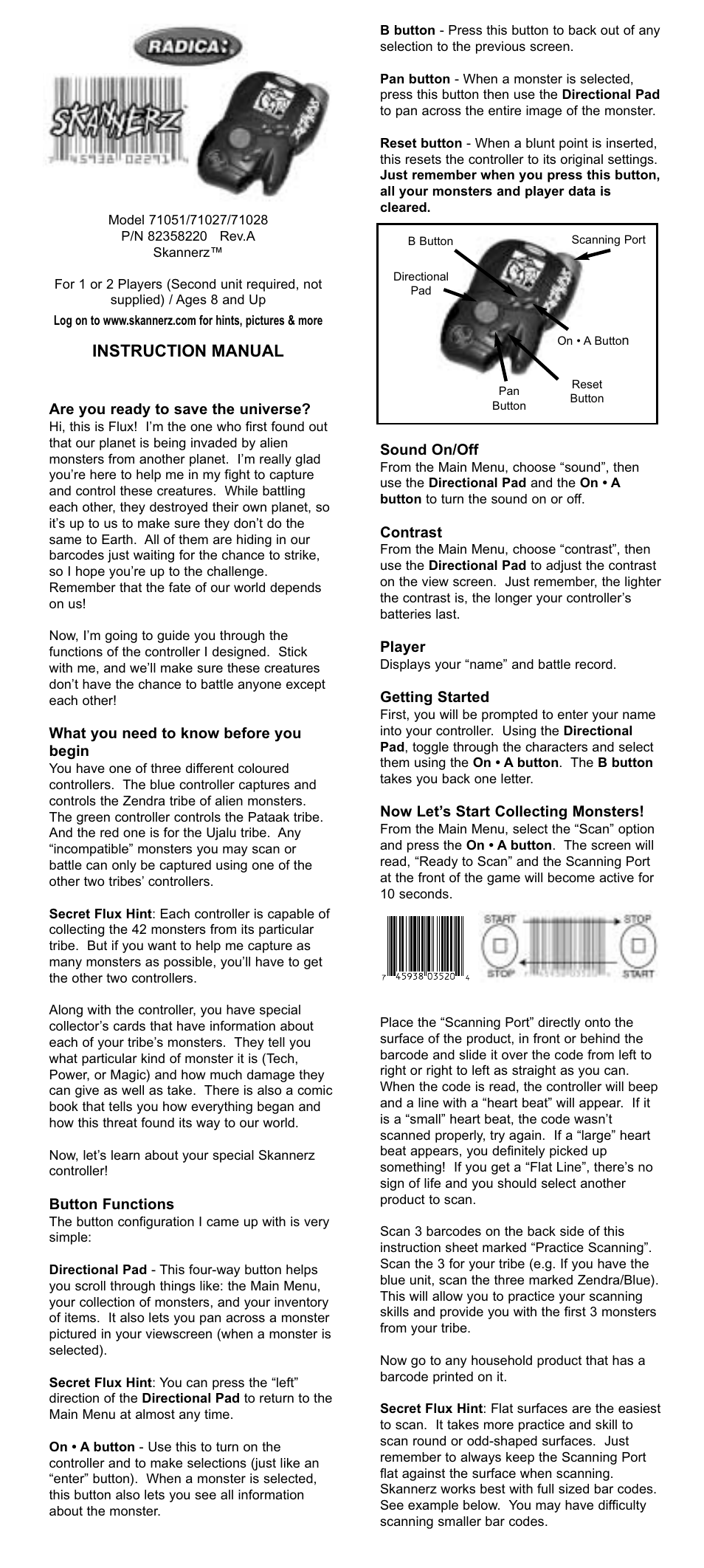 Radica Games Skannerz 71027 User Manual | 4 pages