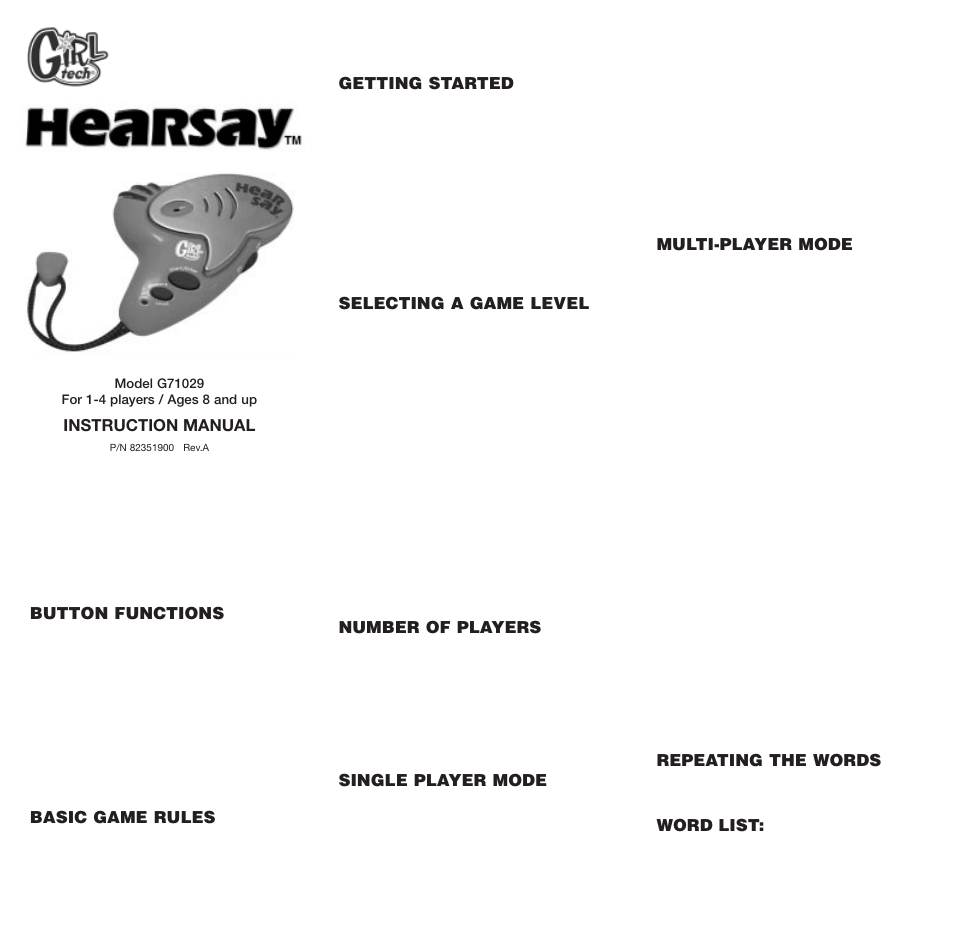 Radica Games HEARSAY G71029 User Manual | 2 pages