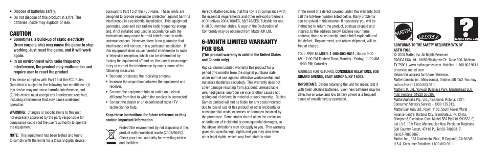 Caution, Month limited warranty for usa | Radica Games N7314 User Manual | Page 2 / 2