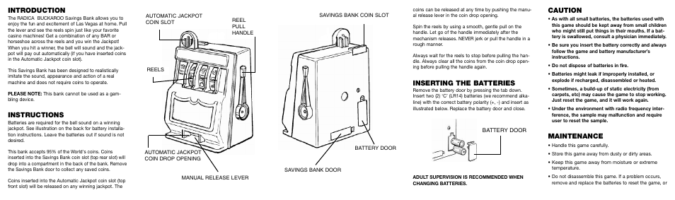 Introduction, Instructions, Inserting the batteries | Caution, Maintenance | Radica Games BUCKAROO 630 User Manual | Page 2 / 2