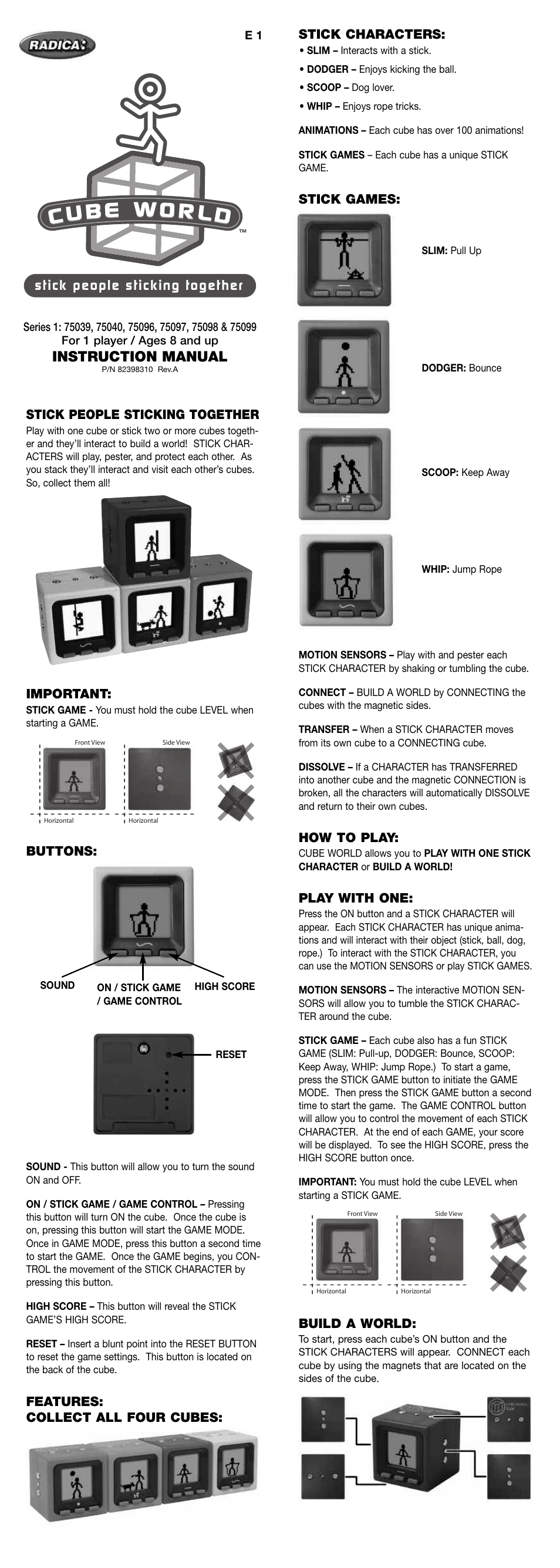 Radica Games CUBE WORLD - STICK PEOPLE STICKING TOGETHER Instruction Manual User Manual | 2 pages