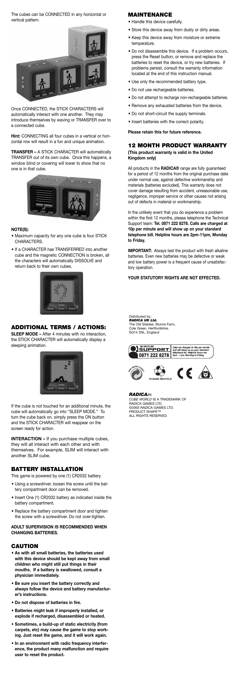 Additional terms / actions, Battery installation, Caution | Maintenance, 12 month product warranty | Radica Games CUBE WORLD - STICK PEOPLE STICKING TOGETHER Instruction Manual User Manual | Page 2 / 2