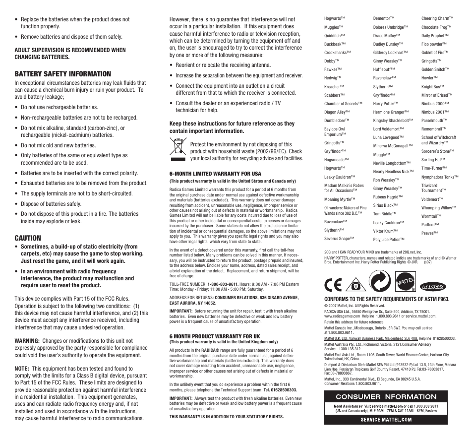 Battery safety information, Caution | Radica Games L7274 User Manual | Page 2 / 2