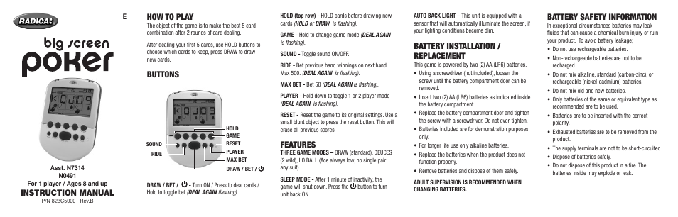 Radica Games BIG SCREEN POKER N7314 User Manual | 2 pages