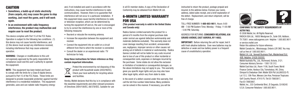 Caution, Month limited warranty for usa | Radica Games BIG SCREEN POKER N7314 User Manual | Page 2 / 2