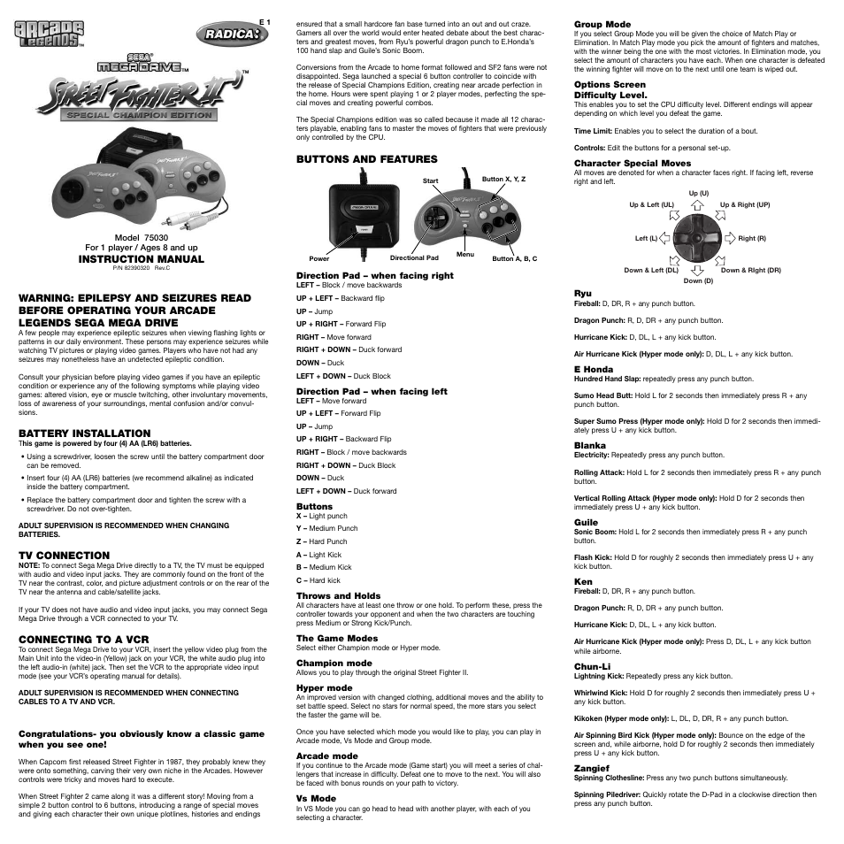Radica Games Street Fighter II 75030 User Manual | 2 pages