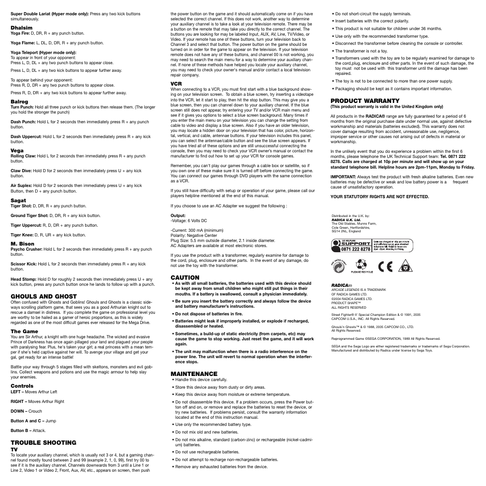 Radica Games Street Fighter II 75030 User Manual | Page 2 / 2